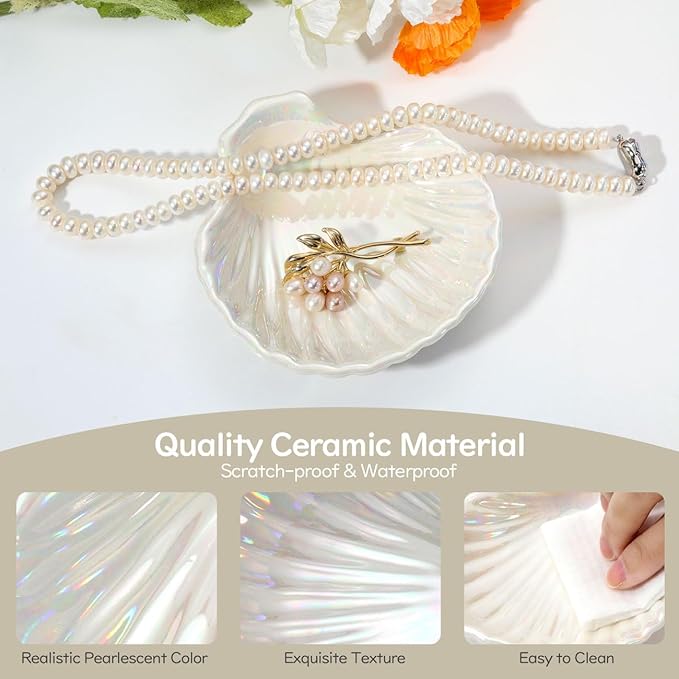 Ring Dish, Shell Ceramic Jewelry Dish Tray, Small Decorative Trinket Dish for Rings Earrings Necklaces Keys, Cute Room Decor Tray, 3.9", White