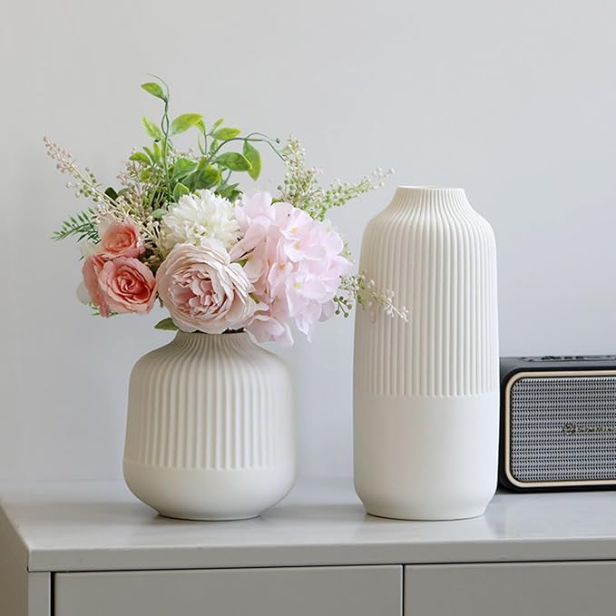 White Ceramic Vase for Flowers, 10 Inch Flower Vases Home Decor, White Boho Vases for Pampas Grass, Vase for Centerpieces Living Room Table Entryway Shelf