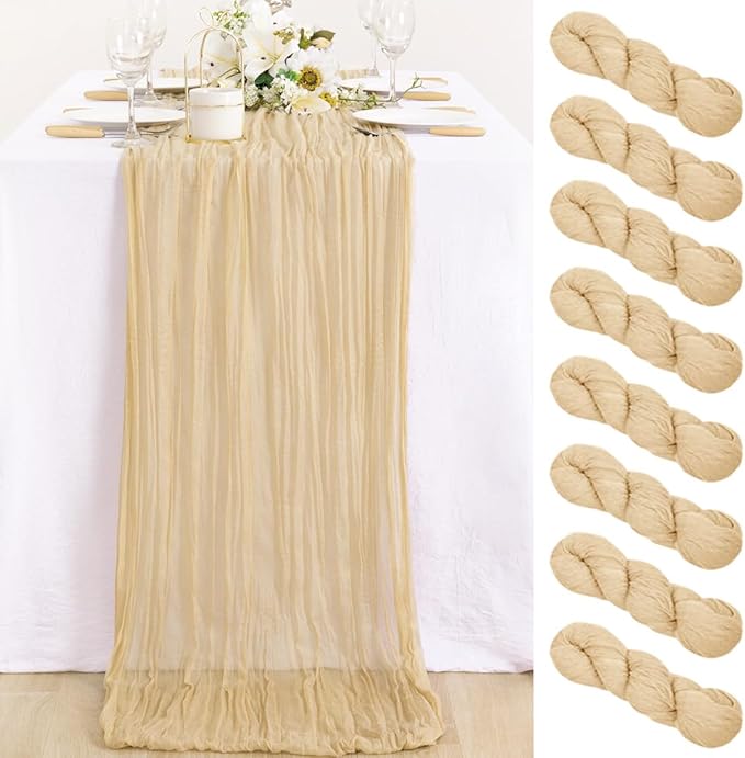 MLMC 8 Pack Champagne Table Runner 10ft Rustic Sand Cheesecloth Fall Table Runner Bulk 35x120 Inches Neutral Gauze Cheese Cloth Centerpiece for Outdoor Wedding Bridal Shower Gathering Party Decor