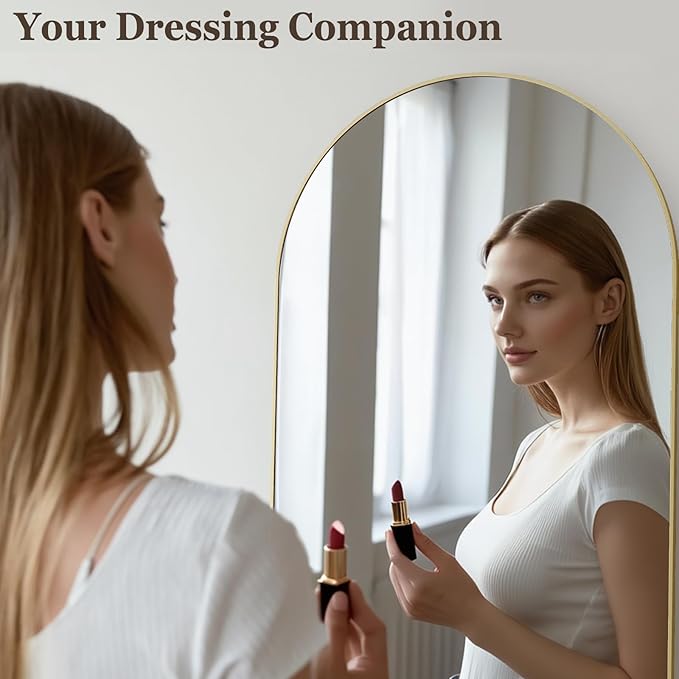 HARRITPURE 64"x21" Arched Full Length Mirror Free Standing Leaning Hanging Mounted Mirror Aluminum Frame Modern Simple Home Decor for Living Room Bedroom Cloakroom, Gold