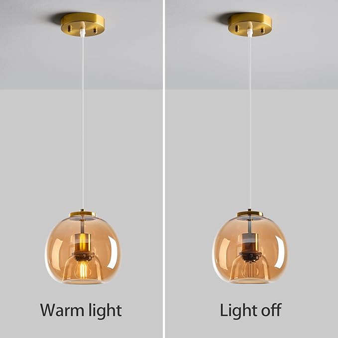 Amber Glass Pendant Lights Kitchen Island Gold Hanging Light Fixture Glass Globe Pendant Light Modern Pendant Lighting for Kitchen Island Bedroom Dining Room (7.87", 1 Pack)