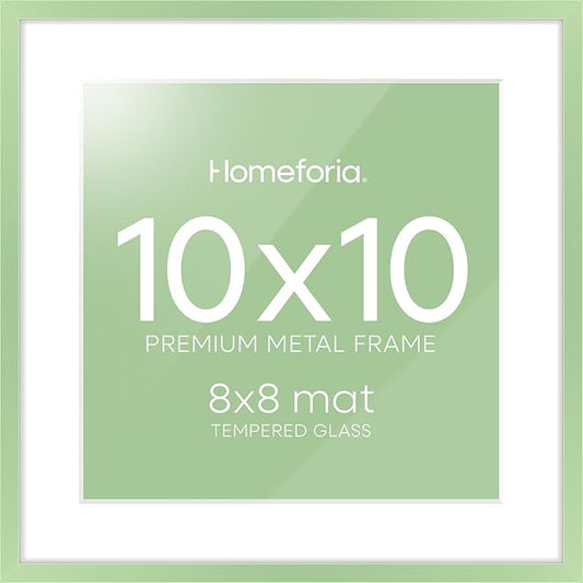 Homeforia 10x10 Picture Frame Sage Green, High End Metal 10 by 10 Square Frames with Mat 8 x 8 Photo, 10by10 Poster Frame Matted to 8x8 Art, Wall or Tabletop Frames, Tempered Glass, Wall Kit, Set of 1