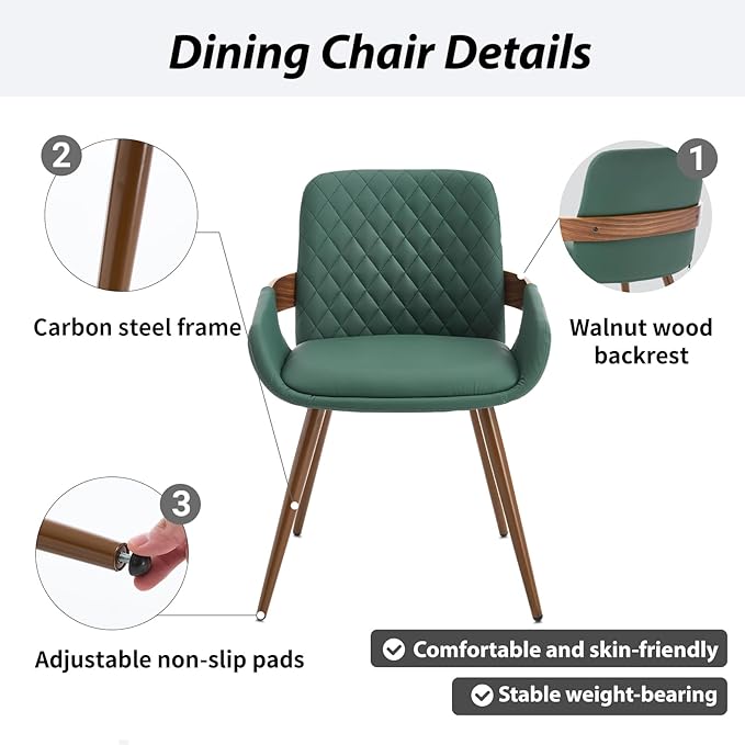 Mid Century Modern Dining Chairs Set of 2 - Faux Leather Dining Room Chairs, Upholstered Kitchen Chair with Arms and Metal Legs - Green