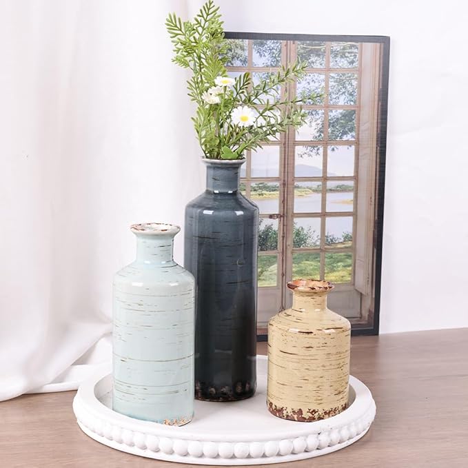 Blue and Beige Ceramic Vase Set of 3 – Rustic Distressed Glaze Pottery Vases, Small Vintage Flower Vases for Home Decor, Farmhouse, Modern Rustic, Shelf, Mantle, Table Centerpiece Decorations