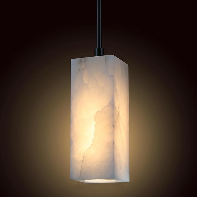1 Light Modern Industrial Farmhouse Hanging Kitchen Island Pendant Ceiling Light Fixture,Square Cylinder Natural Alabaster Marble Black Finish Over Sink Restaurant bar Corridor