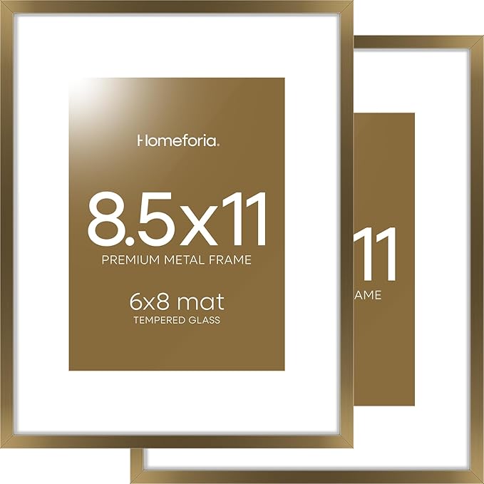 Homeforia 8.5x11 Picture Frame Bronze, High End Metal Brass Frame 8.5 x 11 with Mat 6 by 8 Photo, 11x8.5 Frames Matted to 6x8 Print, 8.5by11 Wall or Tabletop Frames, Tempered Glass, Wall Kit, Set of 2