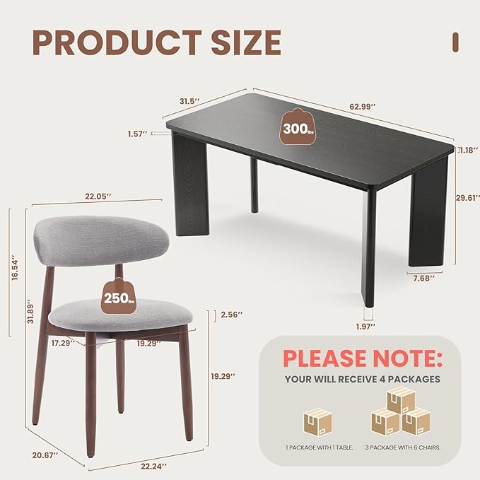7-Piece Rectangular Dining Table Set for 6, 63" Industrial Kitchen Table with 6 Wooden Upholstered Dinner Chairs for Dining Room, Kitchen, Living Room, Black+Light Gray