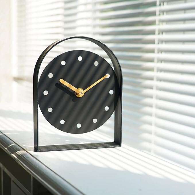 SOFFEE DESIGN One-Piece Tabletop Clock Arched Frame Without Scale Modern Minimalist Design, Desk Clock Battery Operated Non Ticking for Office Bedroom Living Room, Black