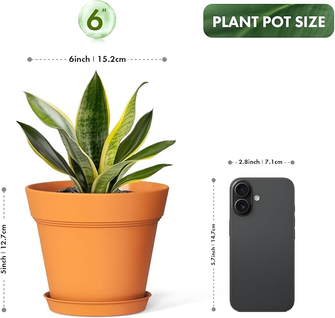 6 Inch Thick Plastic Plant Pots with Drainage Holes and Trays – 6 Pack Nursery Pots for Indoor & Outdoor House Plants, Seedling Starter Planters for Garden Flowers, Terracotta