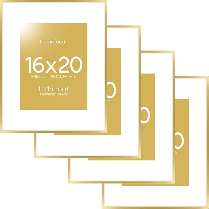 Homeforia 16 x 20 Picture Frame Gold, High End Metal 16x20 Poster Frames with Mat 11x14 Photo, 16 x 20 Gold Frame Matted to 11 by 14 Print, 20x16 Thin Hanging Frame, Tempered Glass, Wall Kit, Set of 4
