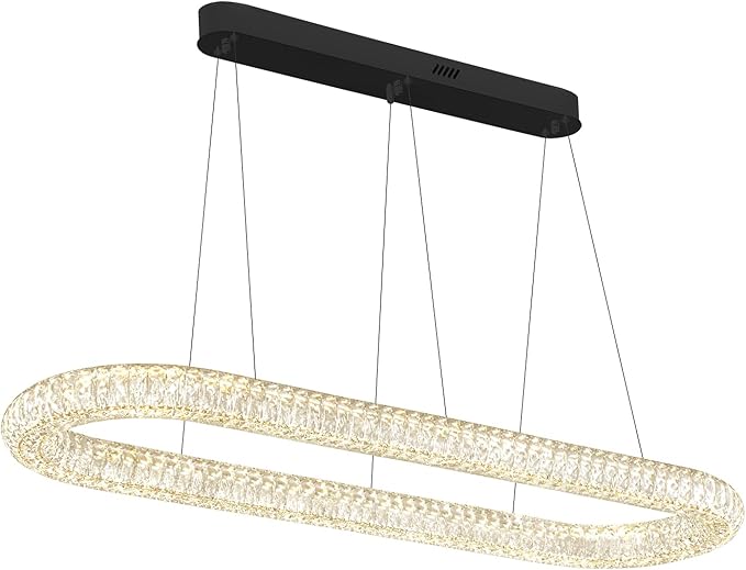 Oval Crystal Chandelier, 47.2'' Black Crystal Ring Pendant Light for Kitchen Island Modern Linear Oval Chandeliers for Dining Room Dimmable 3000K-6000K