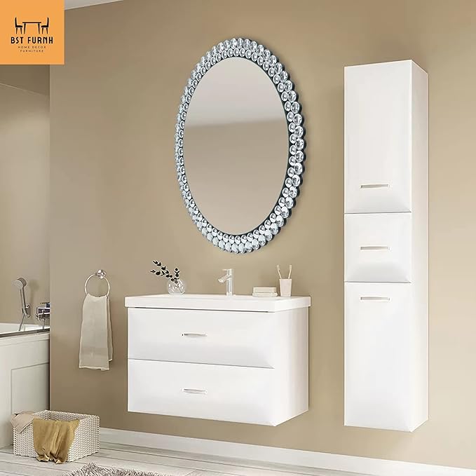 BST FURNH Round Mirror Wall Decor 24 Inches Decorative Wall Mirror with Irregular Framed and Beveled Edge Mirrors for Wall Silver Large Wall Mirror Frameless Mirrors