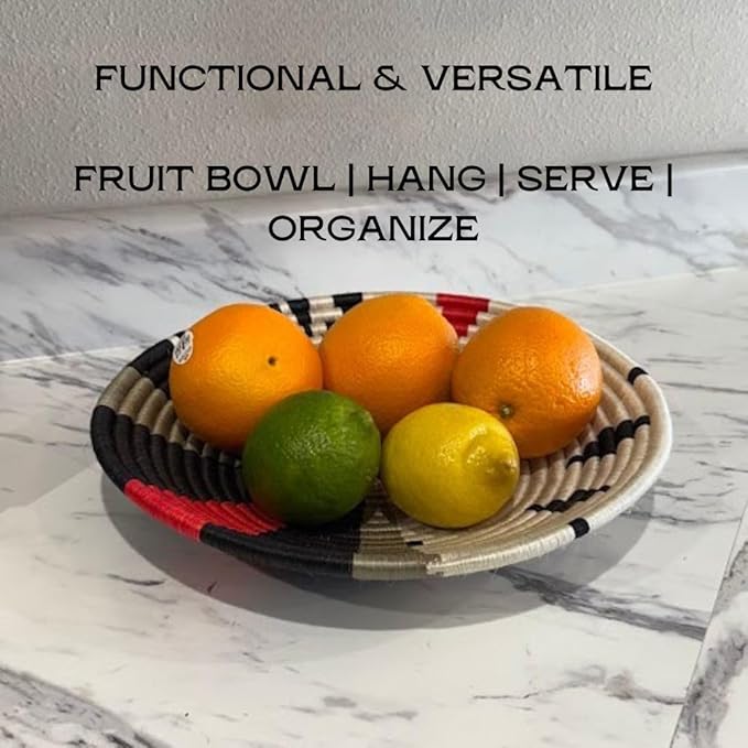 Handwoven African Basket Handmade sisal Fruit Bowl Wall Hanging decorative Baskets for Home Living Room Kitchen Centerpiece Zen Designs Arts and Crafts (Floral Tan Black, 10in diameter)