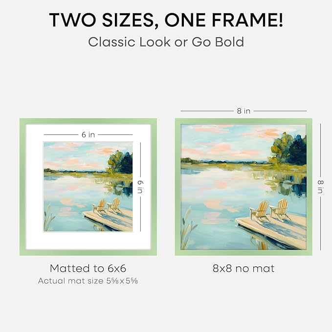 Homeforia 8x8 Sage Green Frame, High End Metal 8 x 8 Square Picture Frames with Mat 6 by 6 Photo, 8x8 Display Frame Matted to 6x6 Print, 8by8 Wall or Tabletop Frames, Tempered Glass, Wall Kit, Set of 1