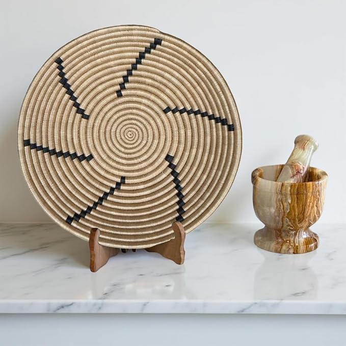 Handwoven African Basket Handmade sisal Fruit Bowl Wall Hanging decorative Baskets for Home Living Room Kitchen Centerpiece Zen Designs Arts and Crafts (Tan Black, 12in diameter)