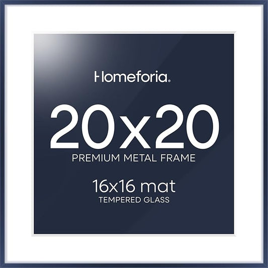 Homeforia 20x20 Picture Frame Navy Blue, High End Metal 20 x 20 Square Poster Frame with Mat 16 x 16 Photo, 20x20 Frame Matted to 16x16 Print, 20by20 Hanging Frames, Tempered Glass, Wall Kit, Set of 1