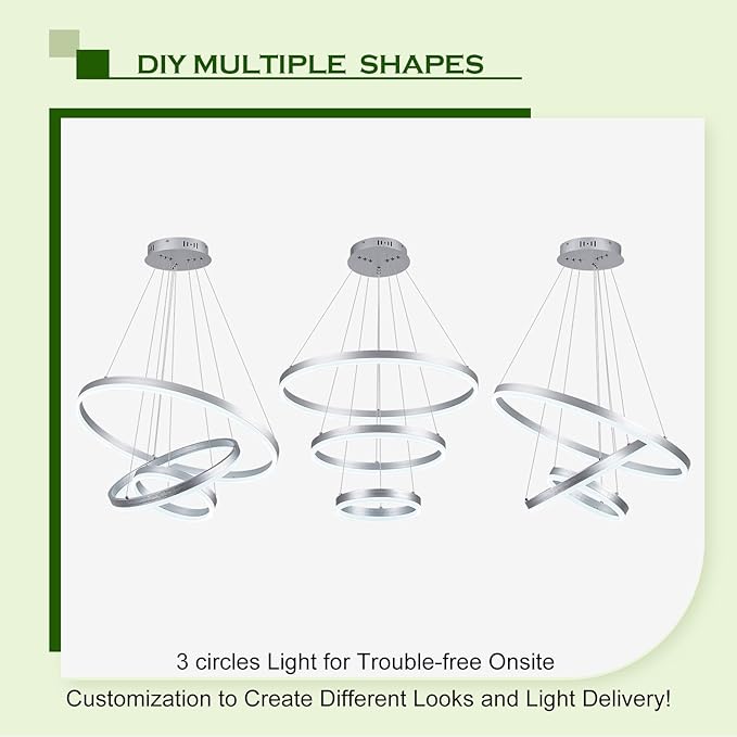 3-Rings D23.6 Modern LED Chandelier Silver Dimmable Pendant Lighting with Remote Control Circular Flush Mount High Ceiling Light for Dining Room Living Room Bedroom Entrance Foyer, 3000K-6500K