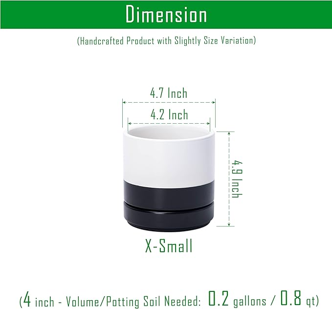 D'vine Dev 4.7 Inch Ceramic Planter Pot with Drainage Hole and Saucer, Indoor Cylinder Round Planter Pot, Layered Monochrome Black & White, 94-O-B-L