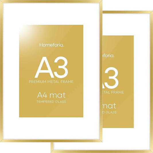 Homeforia A3 Picture Frame Gold, High End Metal 11.7 x 16.5 inch Poster Frames with Mat 8.3 by 11.7 for Photo, A3 Size Frames Matted to A4 Print, 11.7x16.5 Wall Hanging Frame, Tempered Glass, Set of 2