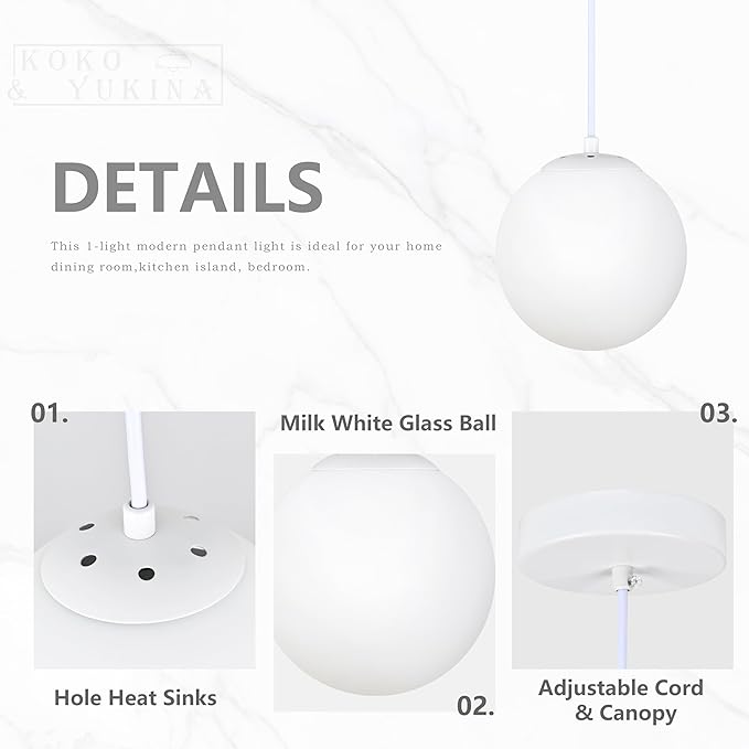 KoKo&Yukina 6 Inch Globe Pendant Light White Globe Pendant Lights Kitchen Island Mid Century Light Fixture with Milky White Glass Shade for Dining Room (2 Pack)