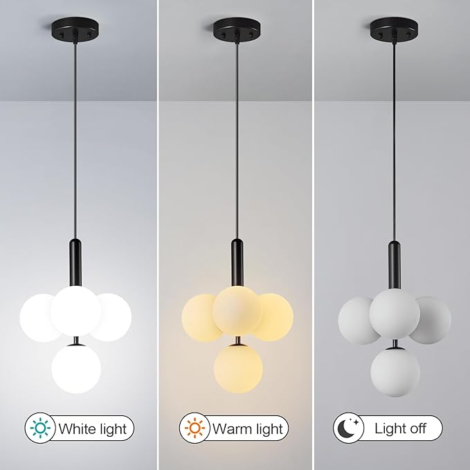 4 Light Globe Chandelier Mid Century Pendant Light with Milky White Glass Shade Modern Black Sputnik Chandeliers for Dining Room Living Room Bedroom Kitchen Island