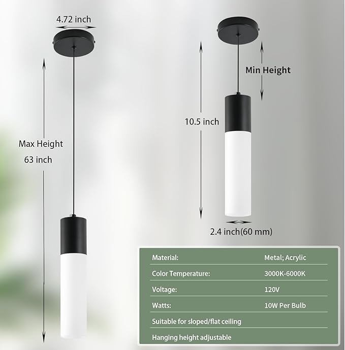 Pendant Lights Kitchen Island 3 Pack 12W Led Pendant Light with Milky White Lampshade, 1-Light Dining Light Fixture Ceiling Light Hanging in Black Finish, E12 LED Bulbs Included, 3000K-6000K