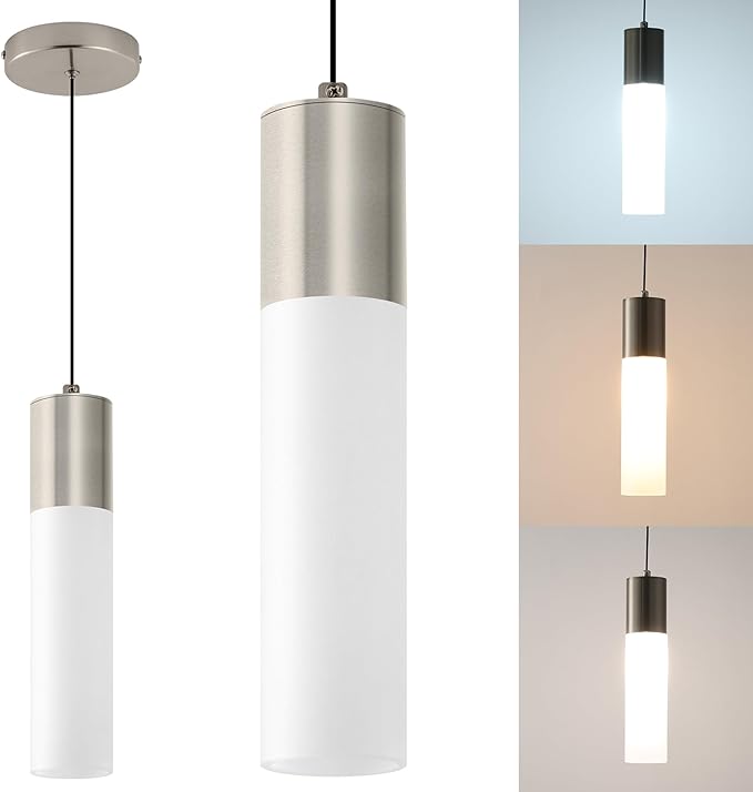 LED Kitchen Pendant Lighting Over Sink 1-Light Brushed Nickel Pendant Lights Modern Dining Table Lights Ceiling Hanging Lamp with Milky White Lampshade, Adjustable Height, 3000K-6000K