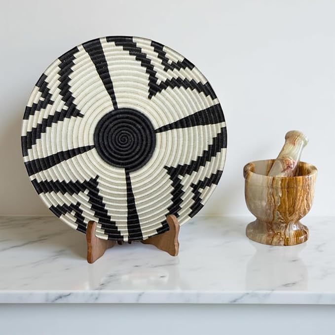 Handwoven African Basket Handmade sisal Fruit Bowl Wall Hanging decorative Baskets for Home Living Room Kitchen Centerpiece Zen Designs Arts and Crafts (Black Natural Floral, 8in diameter)