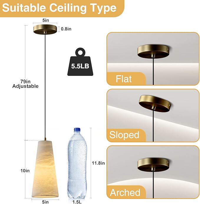Alabaster Pendant Lights Kitchen Island 2 Pack, H-10in White Pendant Light Fixtures, Marble Conical Shade Copper, Light Pendant for Bedroom Bathroom Dining Room Living Room (Dimmable Bulbs INCL)