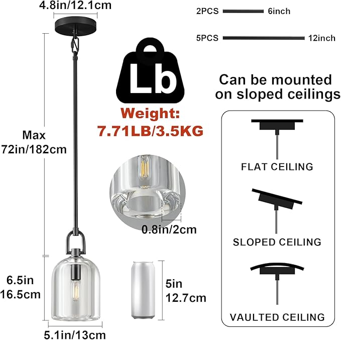 Black Pendant Light Fixtures, Modern Pendant Lights, Indoor Pendant Light for Kitchen Island Dining Room Living Room Bedroom Bathroom, E12 Bulb Included