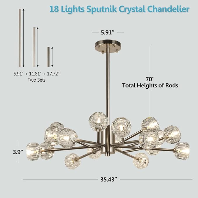 Sputnik Chandeliers 35.4", Modern Crystal Chandelier 18 Lights for Dining Room, Brushed Nickel Sputnik Ceiling Chandelier Light Fixture for Bedroom