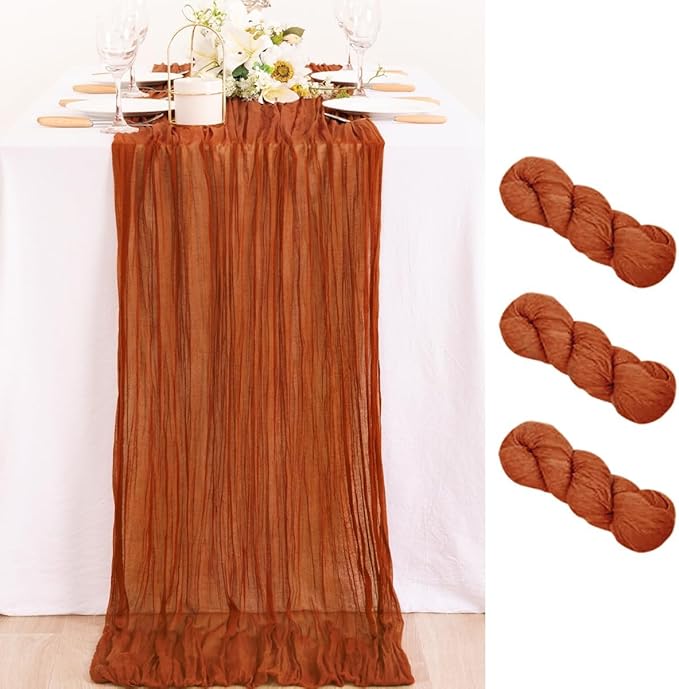 MLMC 3 Pack Terracotta Table Runner 10ft Rustic Burnt Orange Cheesecloth Table Runner 35 x 120 inches Boho Cheese Cloth Centerpiece for Wedding Bridal Shower Pinic Fall Thanksgiving Decor