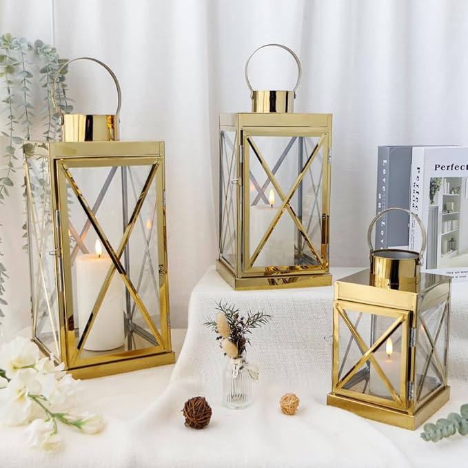 TRIROCKS Gold Stainless Steel Lantern Set of 3-Square Elegance 8/12/16 Inch Opulent Metal Candle Lanterns Candle Holder with Tempered Glass for Home Garden Indoor Outdoor Decor Celebratory Everyday