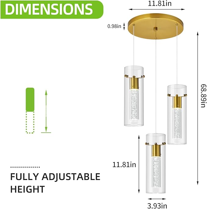 Pendant Ceiling Light Fixture for Kitchen Island, Gold Pendant Light Integrated LED Hanging Light with Crystal Bubble Glass Pendant Light Modern Pendant Lights Kitchen Island (3-Light)