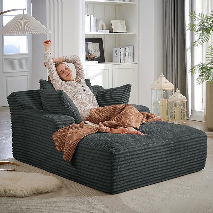 Boneless Couch Sofa Chiar Chaise Lounge Chair Indoor Upholstered Corduroy Couch Cloud Sleeper Sofa Oversized Reading Chair for Living Room No Assembly Required (Dark Grey, 50" W x 67" D)