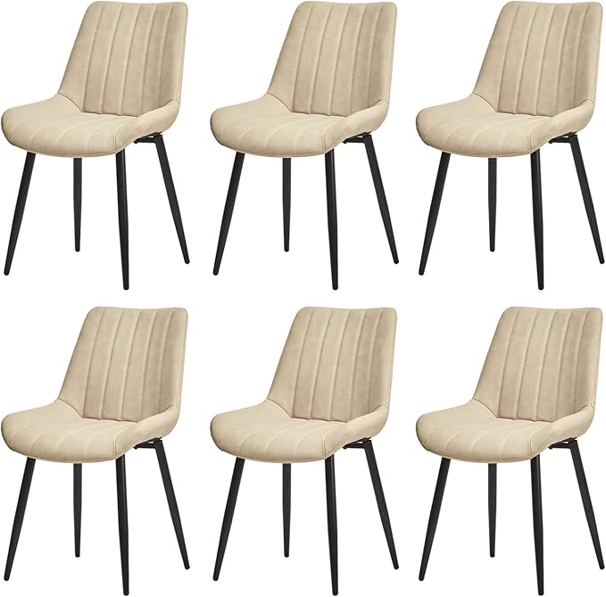 TUKAILAi Faux Leather Dining Chairs Set of 6, Modern Linear Design Kitchen Chairs with Upholstered Seat and Metal Legs, Comfortable Side Chairs for Dining Room Restaurant Commercial (Cream)