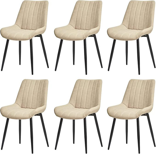 TUKAILAi Faux Leather Dining Chairs Set of 6, Modern Linear Design Kitchen Chairs with Upholstered Seat and Metal Legs, Comfortable Side Chairs for Dining Room Restaurant Commercial (Cream)