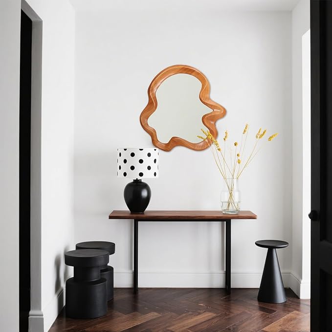 Gluck Plants Irregular Wall Mirror,21x20 Walnut Wooden Framed Asymmetrical Farmhouse Modern Unique Cloud Wavy Wood Mirror for Bathroom Living Room Bedroom Entryway Hallway