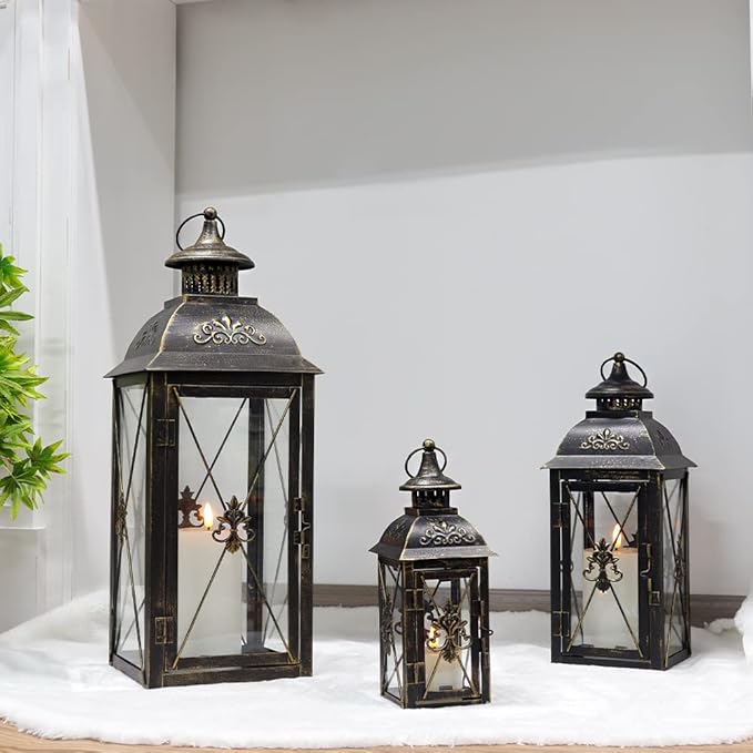 TRIROCKS Set of 3 Decorative Hanging Lantern 19'' High Vintage Metal Candle Holder with Tempered Glass Perfect for Living Room Garden Yard Patio Parties Events Indoors Outdoors (Black)
