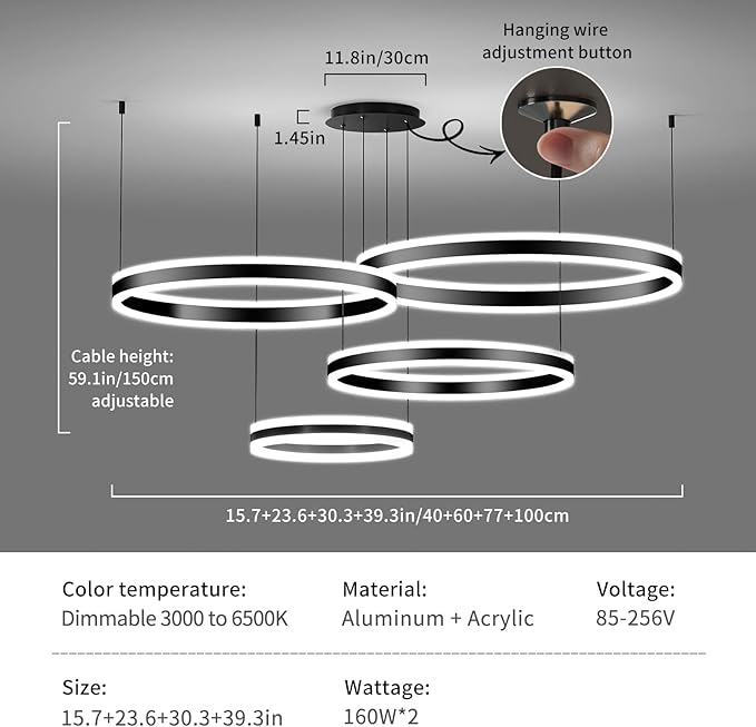 Modern LED Chandelier Light, 4 Ring Black Pendant Lighting Fixture, Adjustable Hanging Ceiling Lamp for Dining Room, Kitchen Island, Entryway, Living Room, Dimmable Dining Lights Over Table