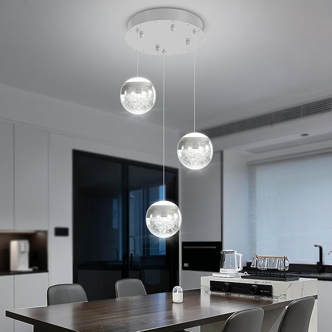 Modern Crystal Pendant Lighting Silver Globe Pendant Light Fixture, Mid Century Chandelier 3-Light Hanging Fixture for Kitchen Island,Globe Chandeliers for Dinning Room Bedroom