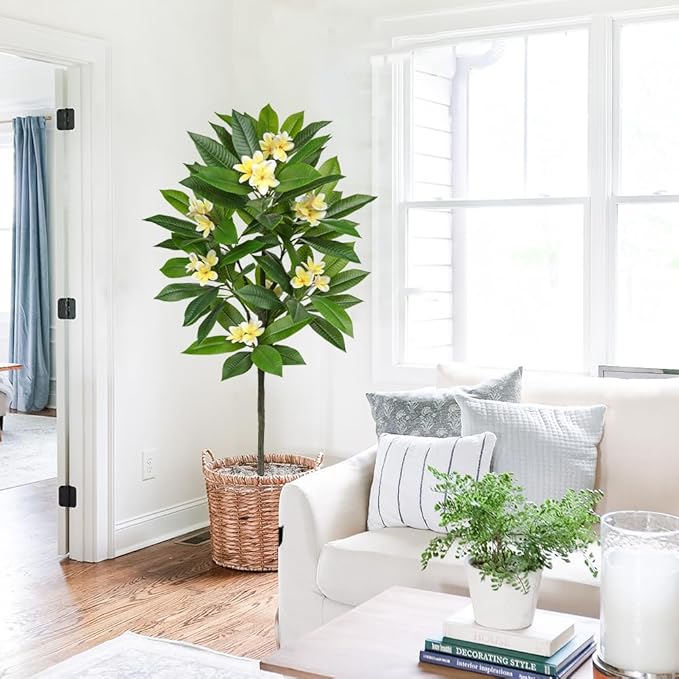 Briful Artificial Plants Indoor 5.09ft Fake Tropical Plumeria Flowers Tree in Black Pot Hawaiian Yellow Plumeria Faux Frangipani Tree Potted Floor Plant for Home Office Wedding Decor