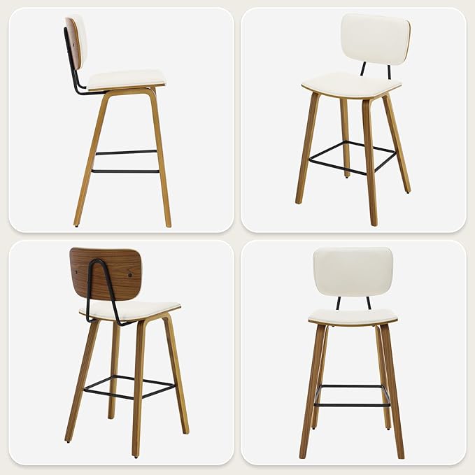 Counter Height Bar Stools Set of 3, PU Leather Upholstered Barstools with Backs, Bent Wood Legs, 26 Inch Seat Height, Mid Century Modern Counter Stools for Kitchen Island, Cream White