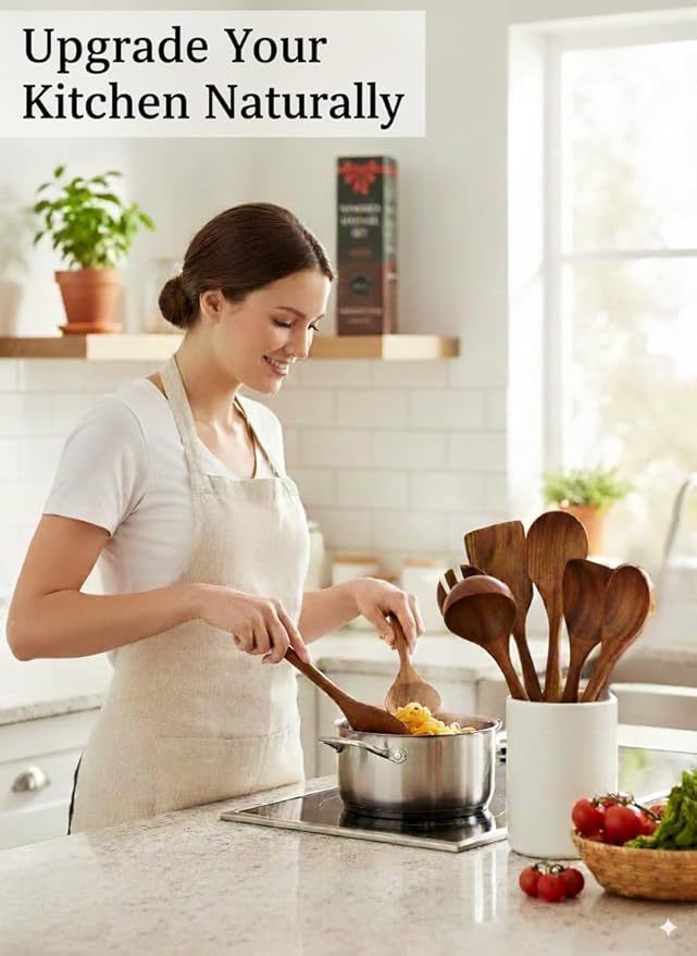 100% Natural Teak Wood Wooden Utensil Set – Non-Stick & Heat Resistant – 8 Pcs Durable Kitchen Spoons for Cooking, Eco-Friendly & Comfortable Grip