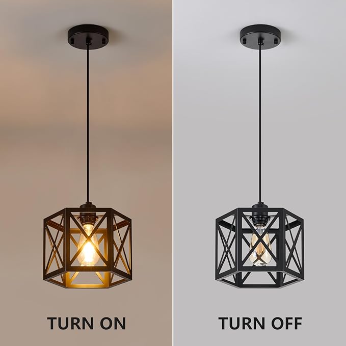 2 Pack Farmhouse Pendant Lights, Modern Black Hanging Light Fixture with Hexagonal Cage, Industrial Metal Ceiling Lights, Adjustable Lantern Pendant Lighting for Kitchen Island Sink Hallway