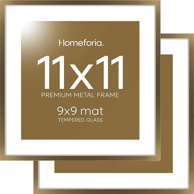 Homeforia 11x11 Picture Frame Brass, High End Metal 11 by 11 Square Bronze Frames with Mat 9 x 9 Photo, 11by11 Poster Frame Matted to 9x9 Print, Wall Hanging Frames, Tempered Glass, Wall Kit, Set of 2
