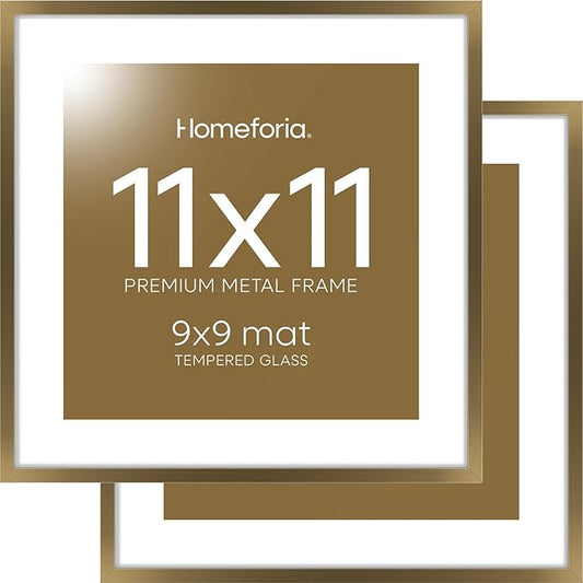 Homeforia 11x11 Picture Frame Brass, High End Metal 11 by 11 Square Bronze Frames with Mat 9 x 9 Photo, 11by11 Poster Frame Matted to 9x9 Print, Wall Hanging Frames, Tempered Glass, Wall Kit, Set of 2