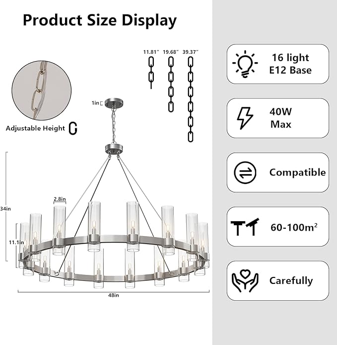 Modern Chandelier,Wagon 16-Lights Wheel Chandelier with Glass Shade, Nickel 48 Inch Large Round Industrial High Ceilings Pendant Lighting Fixture for Dining Room, Living Room, Foyer