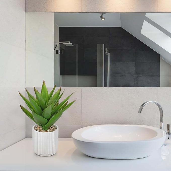 Hollyone Large Artificial Agave Plants 11.8“ Fake Succulents Potted Faux Aloe Vera Plant in White Pot Succulent Agave Plants for Desk Modern Office Living Room Table Shelf Home Indoor Outdoor Decor