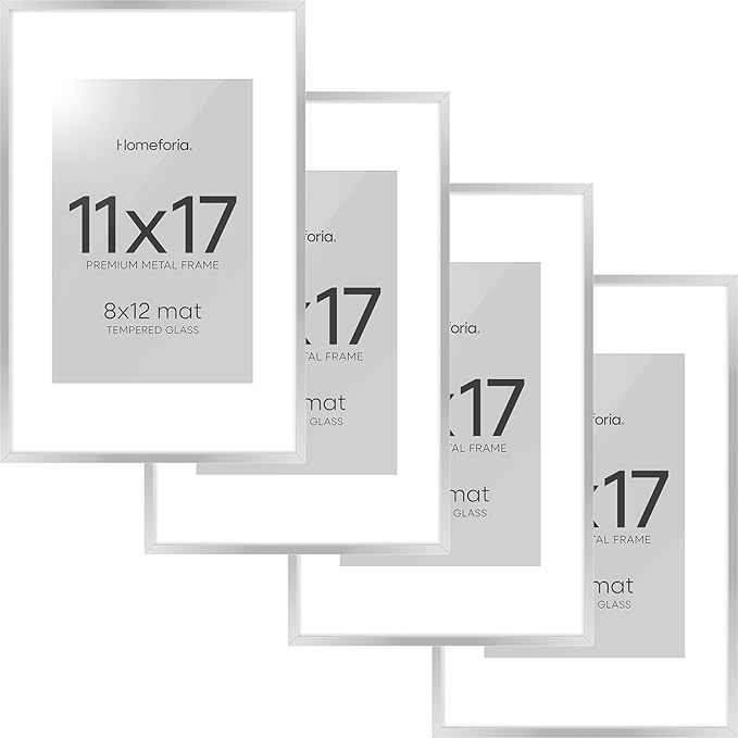 Homeforia 11 x 17 Frame Silver, High End Metal 11x17 Picture Frames with Mat 8x12 for Photo, 11 x 17 Silver Poster Frame Matted to 8 x 12 Print, 17x11 Hanging Frame, Tempered Glass, Wall Kit, Set of 4
